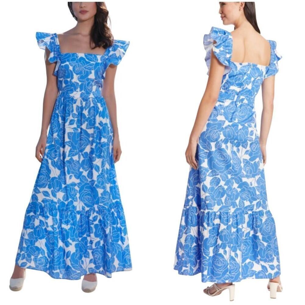 London Times Floral Square Neck Ruffled Sleeve Maxi Dress Size 16